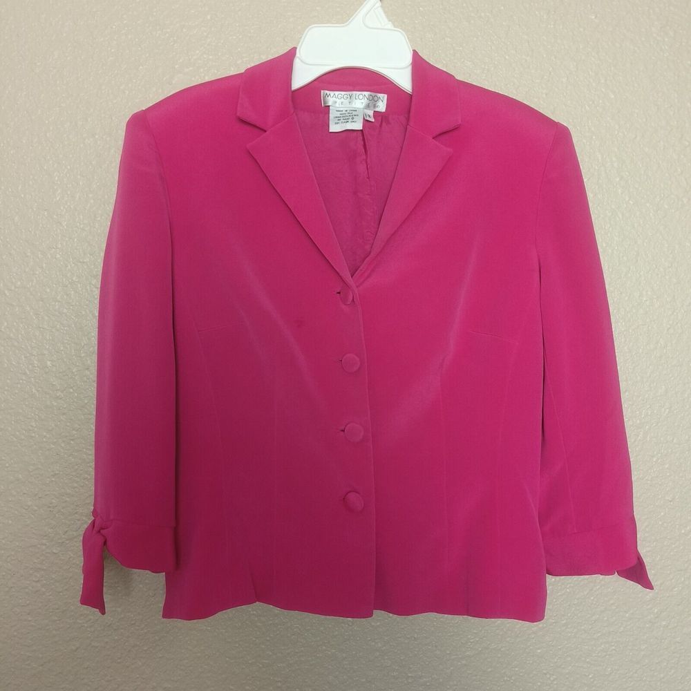 Maggy London Petites Hot Pink 100% Silk Blazer Jacket Tie Cuff Size 8P